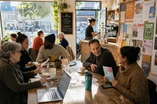 Residents in a Val-d'Oise café sharing local information at a communal table, sunlight streaming in, a busy noticeboard in the background.