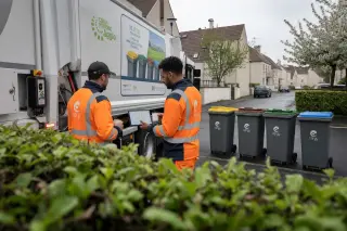 Sanitation workers consulting a tablet near recycling bins and truck on a Cergy residential street in soft morning light.