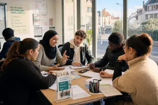 Young people in a naturally lit Val-d'Oise community workshop, engaged in a collaborative discussion, seen from the side with local street view through the window.