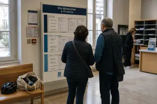 Residents quietly reviewing civil paperwork forms in a sunlit municipal office in Pontoise, conveying a real local atmosphere.
