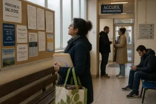 A woman reads a notice in a naturally lit waiting area of a regional prefecture, with real-life details like folders, personal bags, and subtle interactions among waiting visitors.